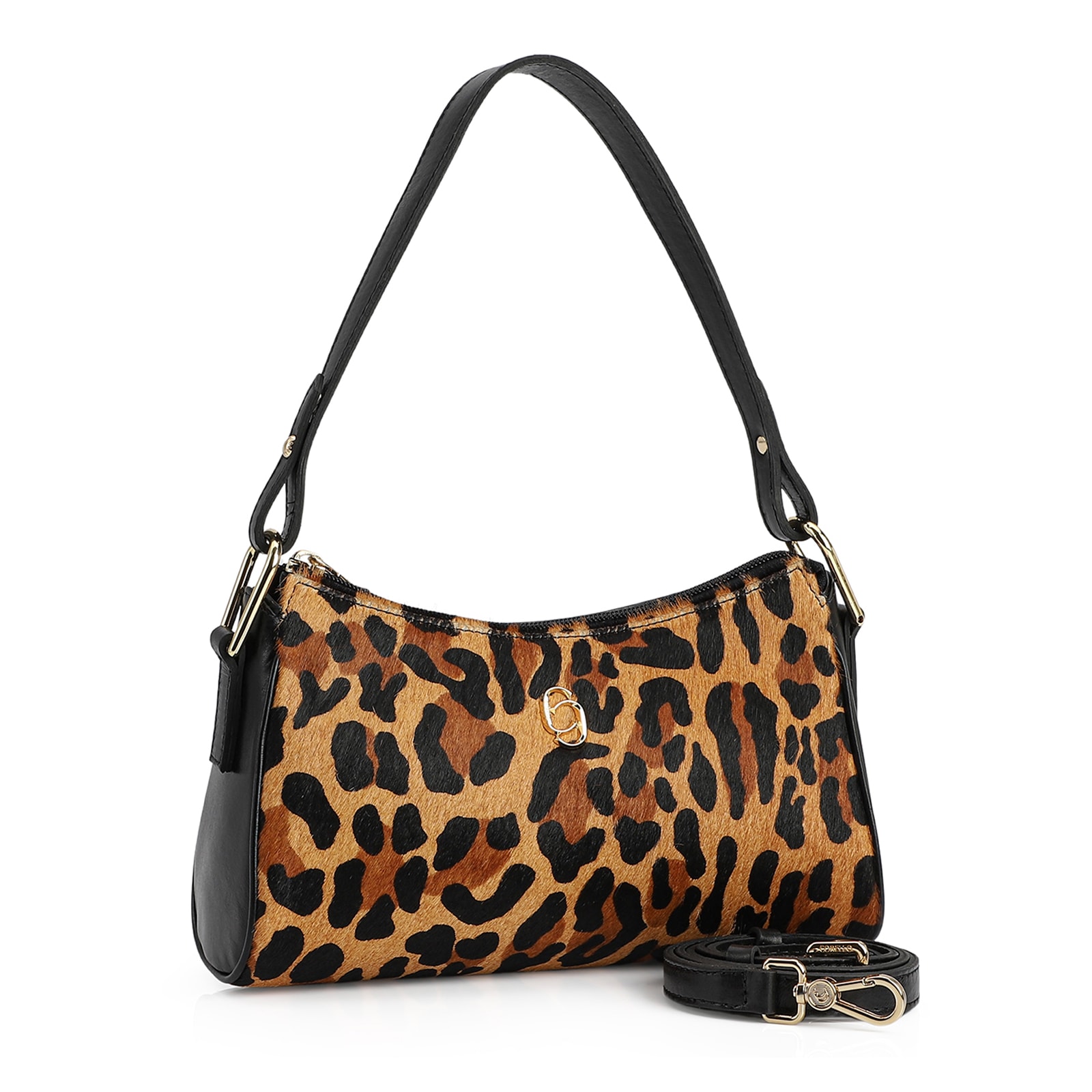 Bolsa De Ombro Couro Preto/Estampa Onça