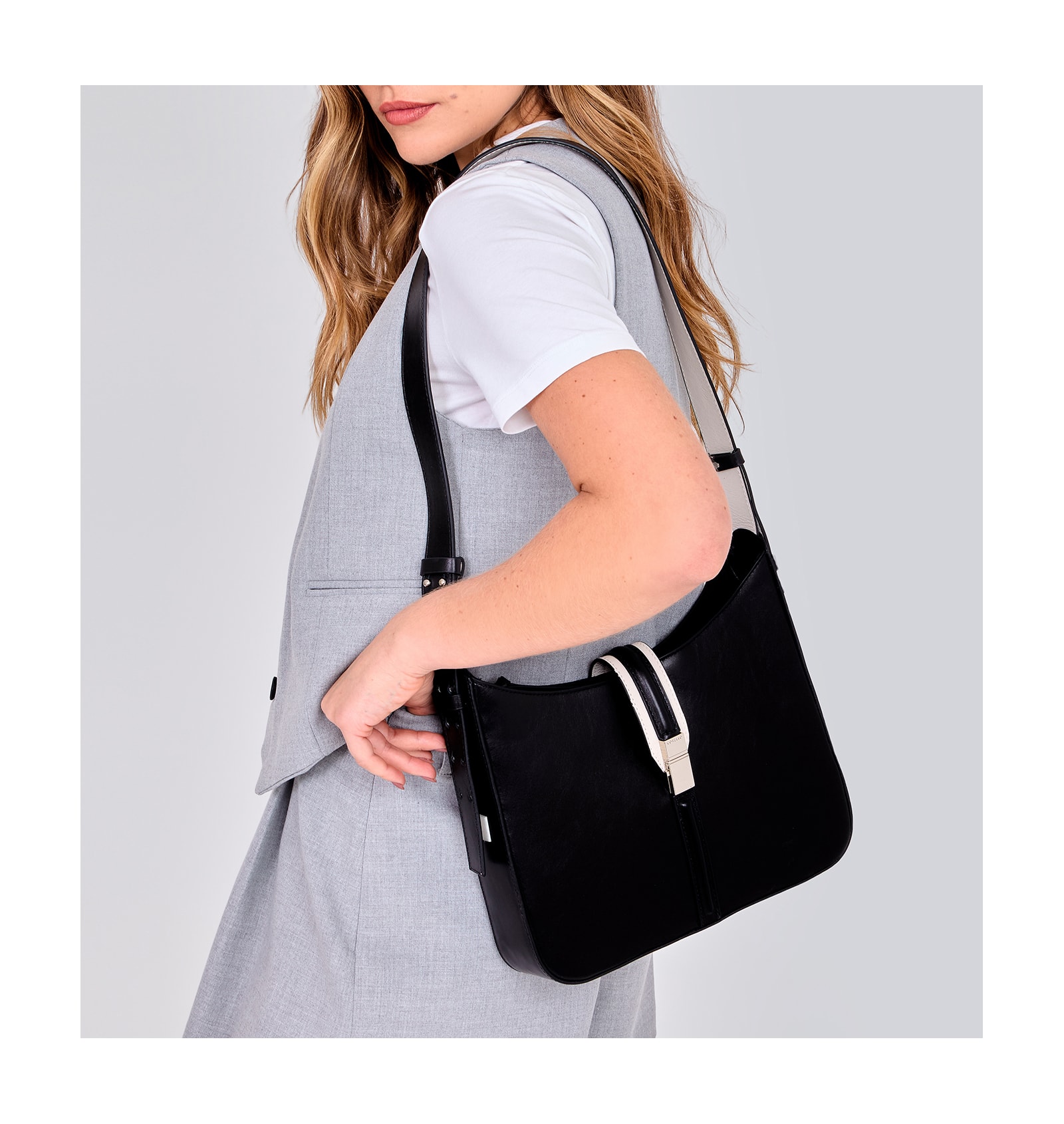Bolsa De Ombro Couro Preto/Off White