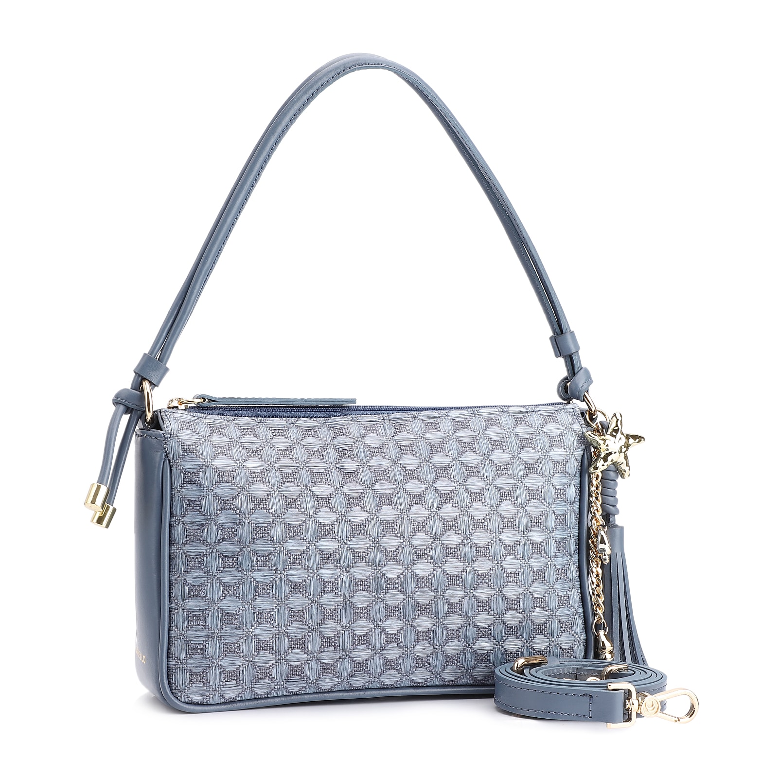 Bolsa De Ombro Couro/Ráfia Mosaico Azul