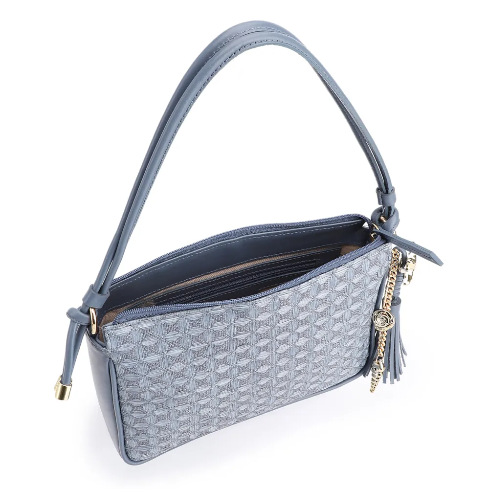 Bolsa De Ombro Couro/Ráfia Mosaico Azul - imagem 5