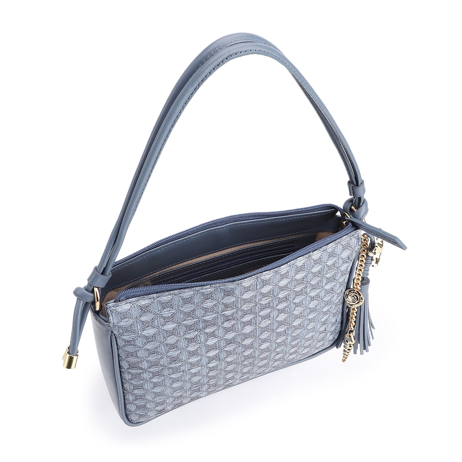 Bolsa De Ombro Couro/Ráfia Mosaico Azul