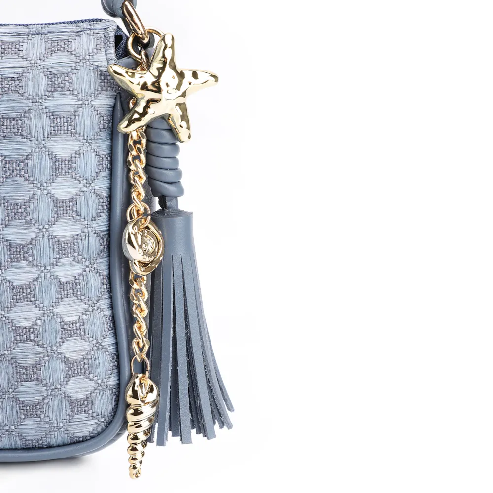 Bolsa De Ombro Couro/Ráfia Mosaico Azul - imagem 6