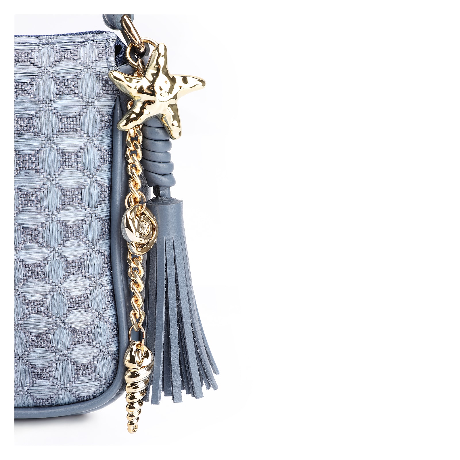 Bolsa De Ombro Couro/Ráfia Mosaico Azul