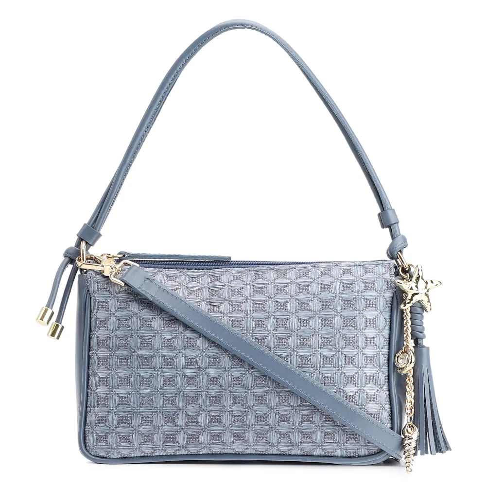 Bolsa De Ombro Couro/Ráfia Mosaico Azul