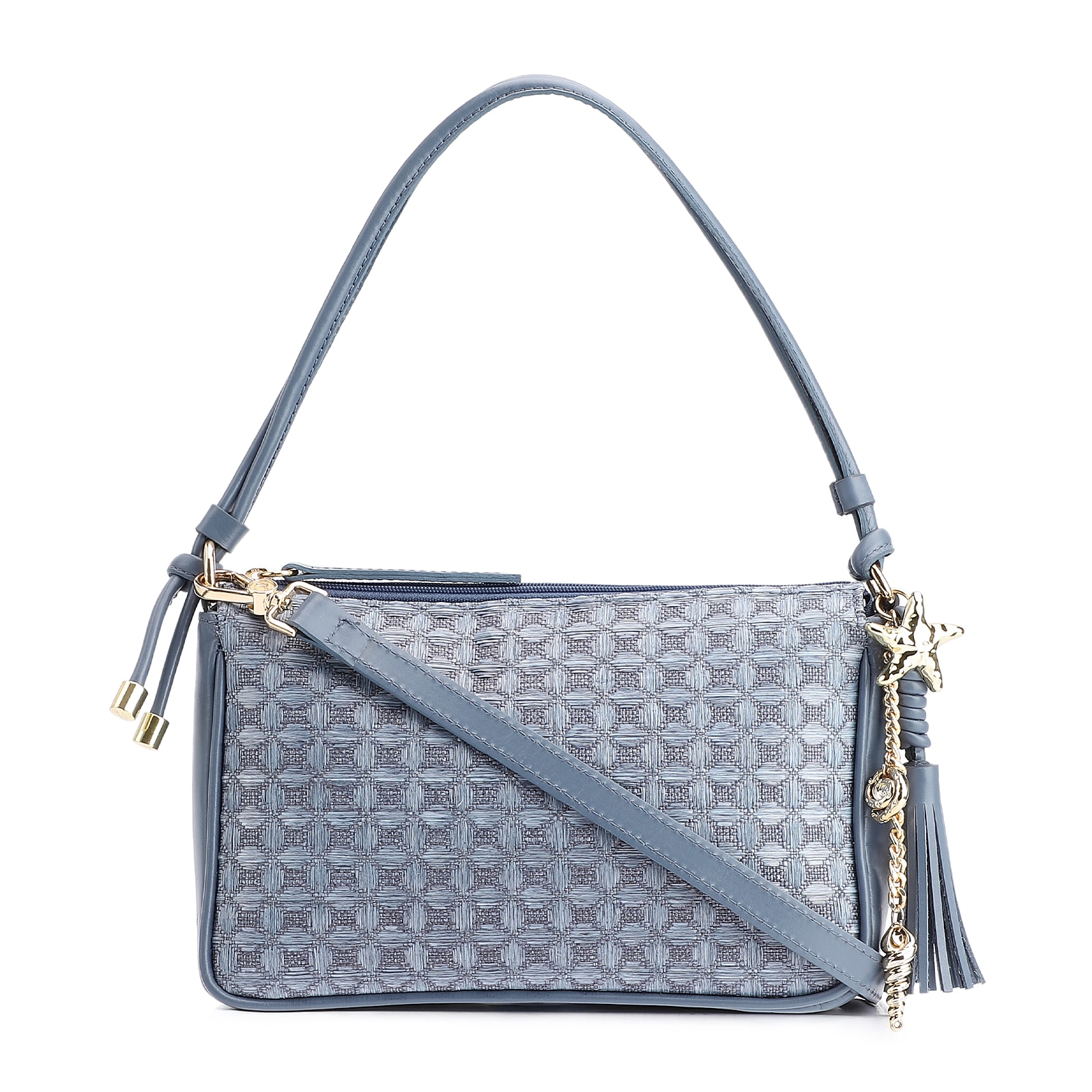 Bolsa De Ombro Couro/Ráfia Mosaico Azul