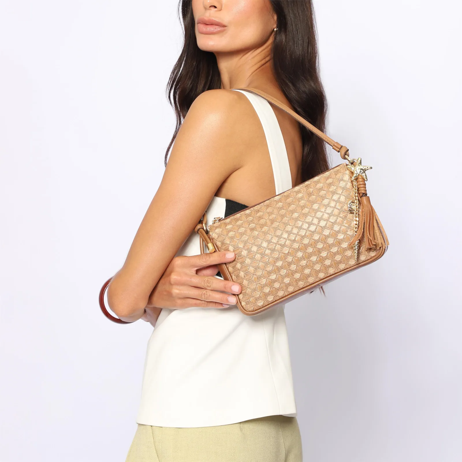 Bolsa De Ombro Couro/Ráfia Mosaico Marrom