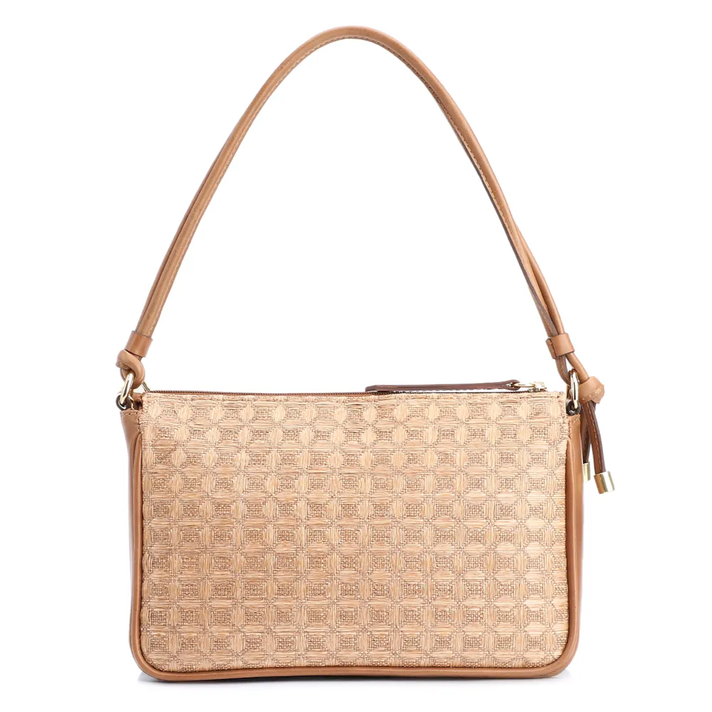 Bolsa De Ombro Couro/Ráfia Mosaico Marrom - imagem 4
