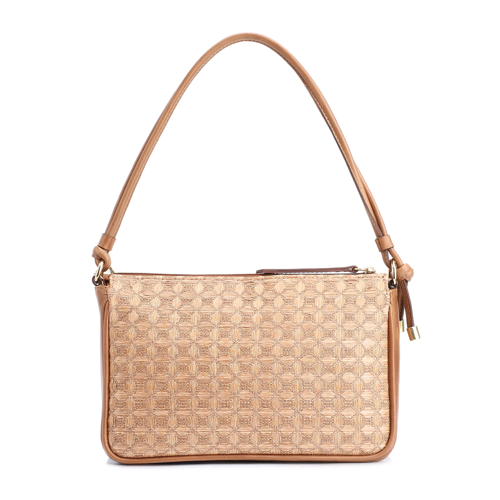 Bolsa De Ombro Couro/Ráfia Mosaico Marrom