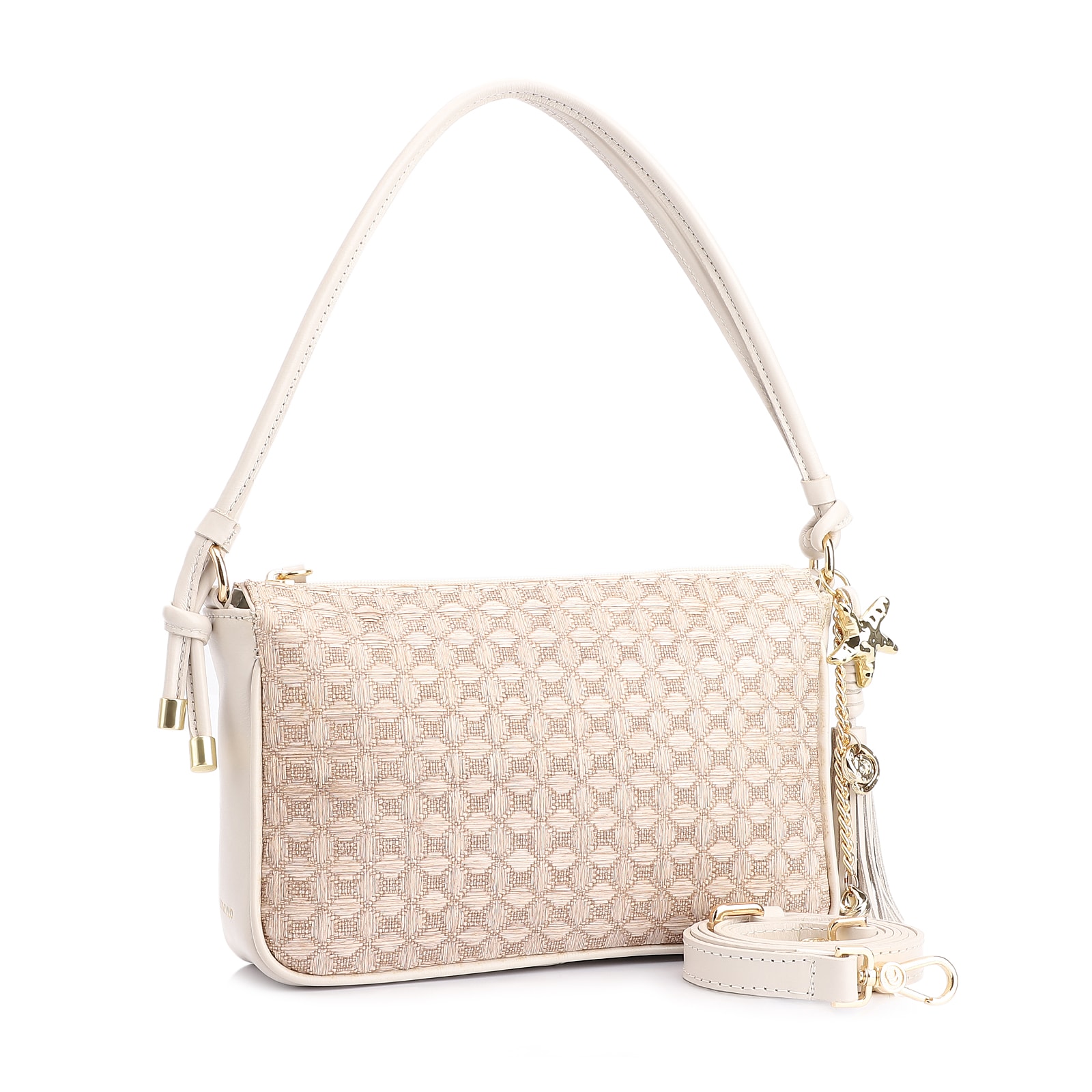 Bolsa De Ombro Couro/Ráfia Mosaico Off White