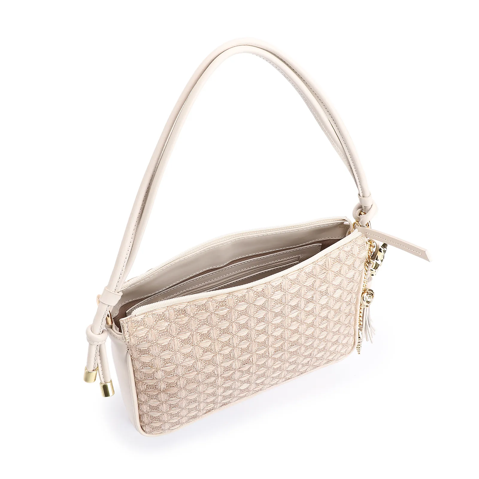 Bolsa De Ombro Couro/Ráfia Mosaico Off White