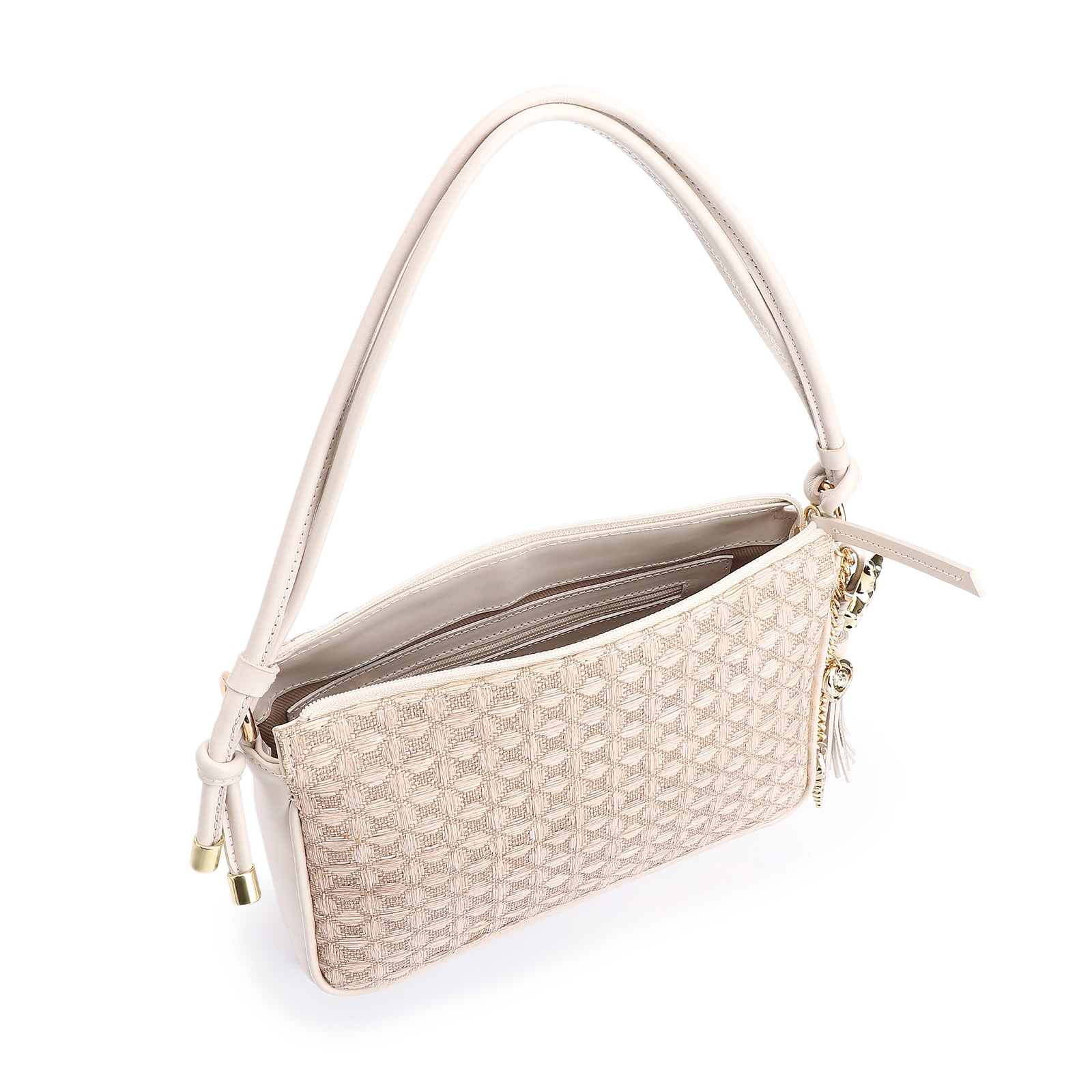 Bolsa De Ombro Couro/Ráfia Mosaico Off White