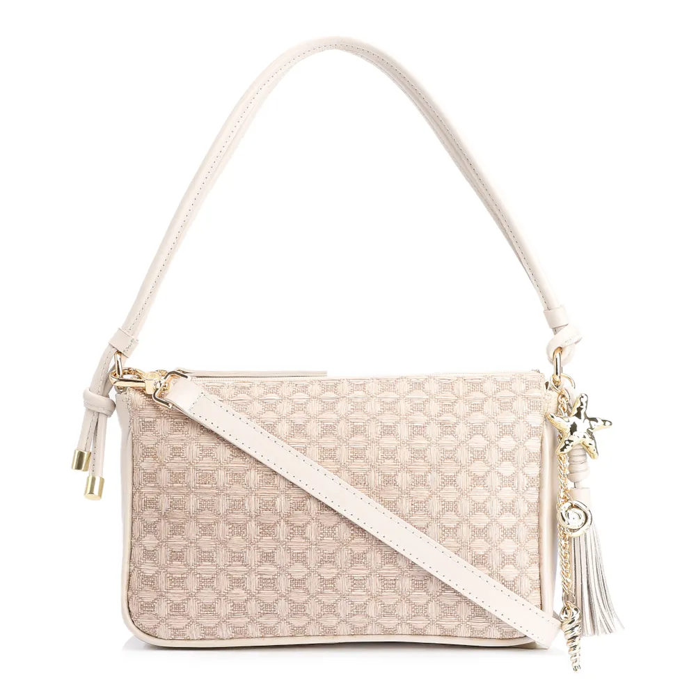 Bolsa De Ombro Couro/Ráfia Mosaico Off White
