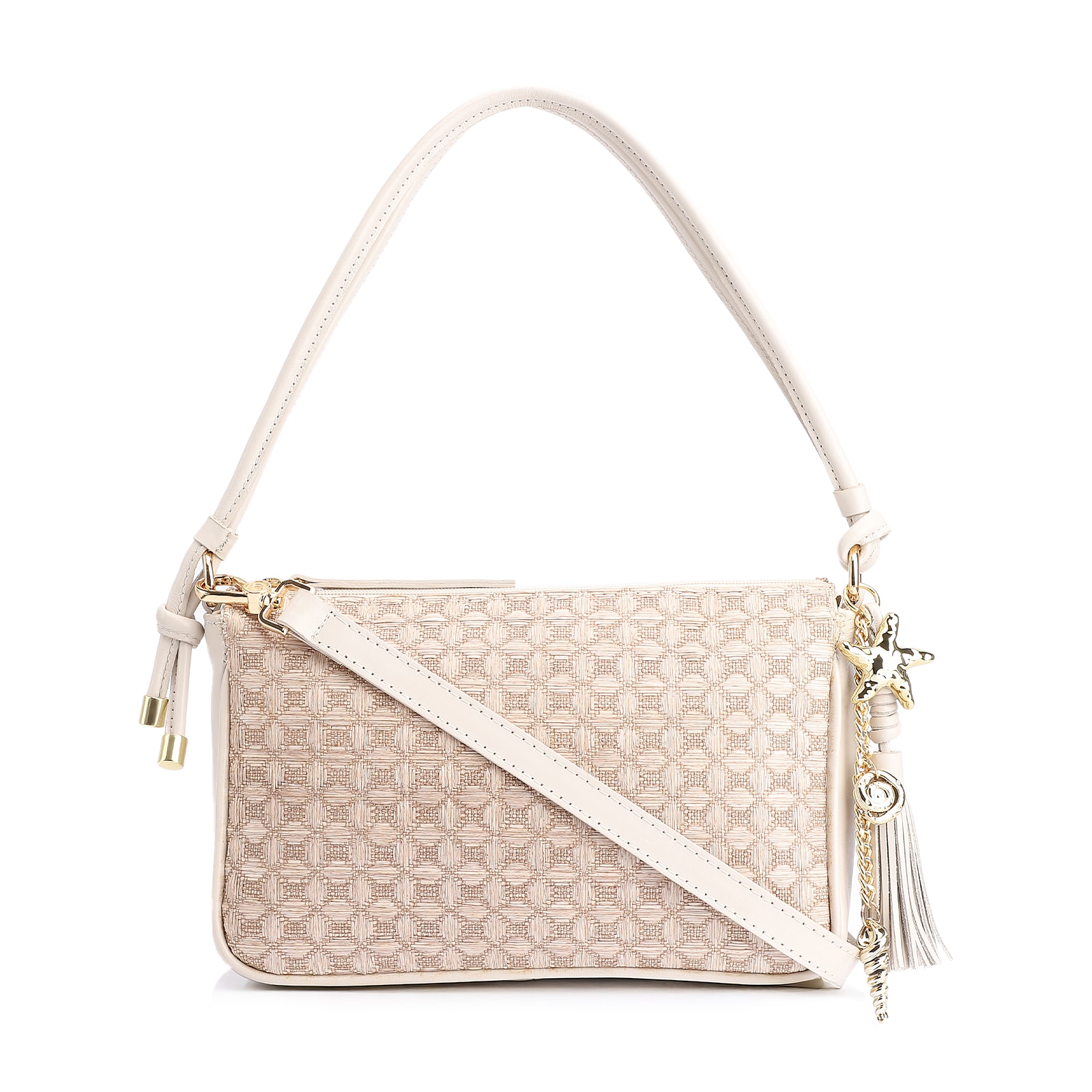 Bolsa De Ombro Couro/Ráfia Mosaico Off White