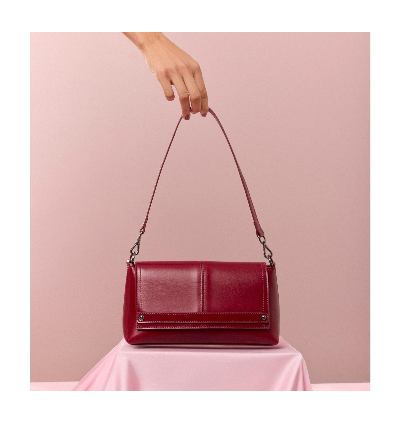 Bolsa De Ombro Couro Vermelho Cereja/Verniz Vermelho Cereja