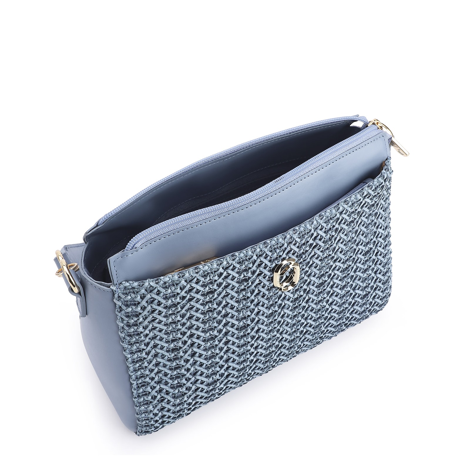 Bolsa De Ombro Crochet Couro Azul Claro