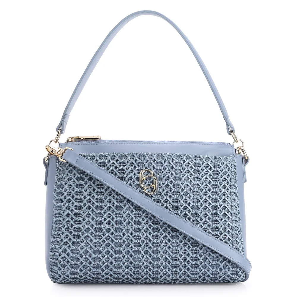 Bolsa De Ombro Crochet Couro Azul Claro