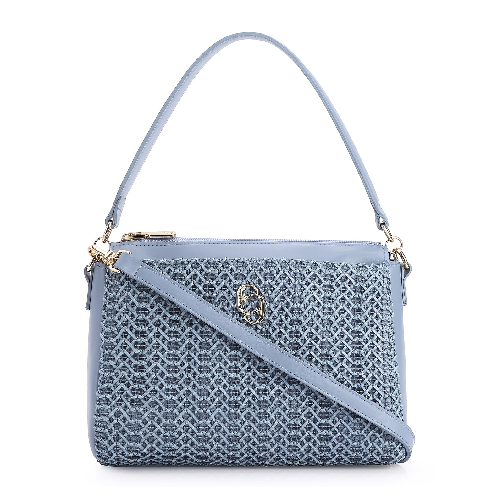 Bolsa De Ombro Crochet Couro Azul Claro