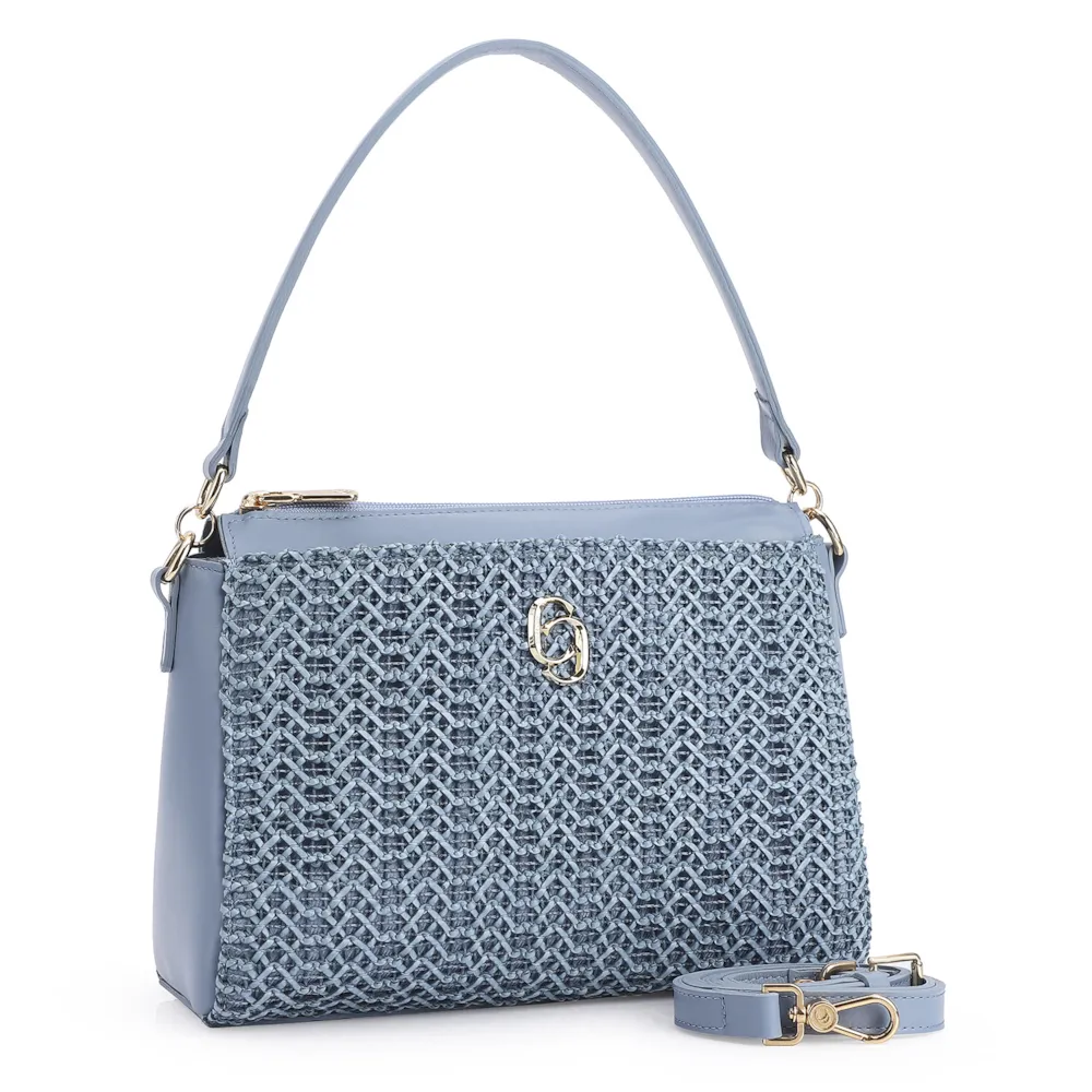 Bolsa De Ombro Crochet Couro Azul Claro - imagem 2