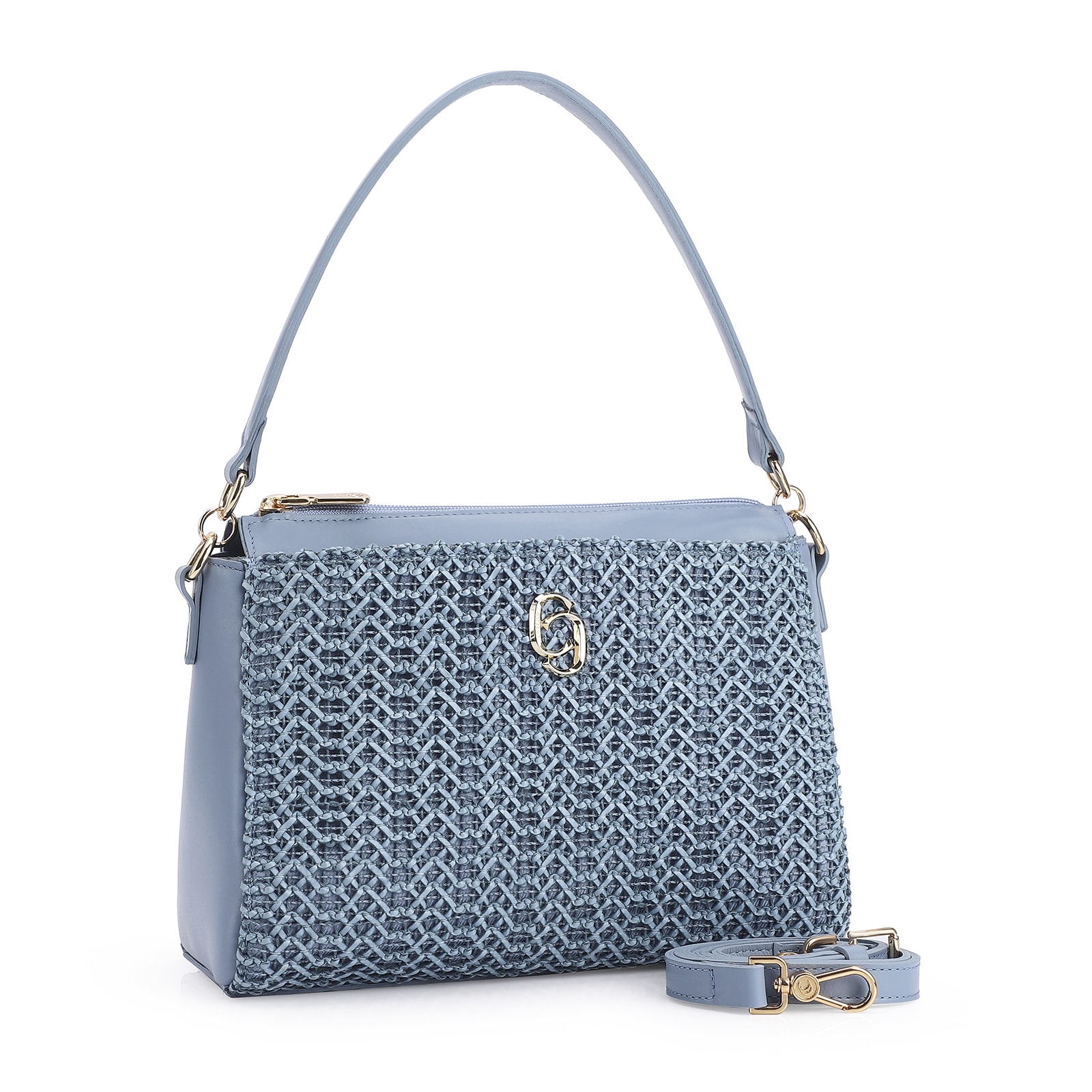 Bolsa De Ombro Crochet Couro Azul Claro