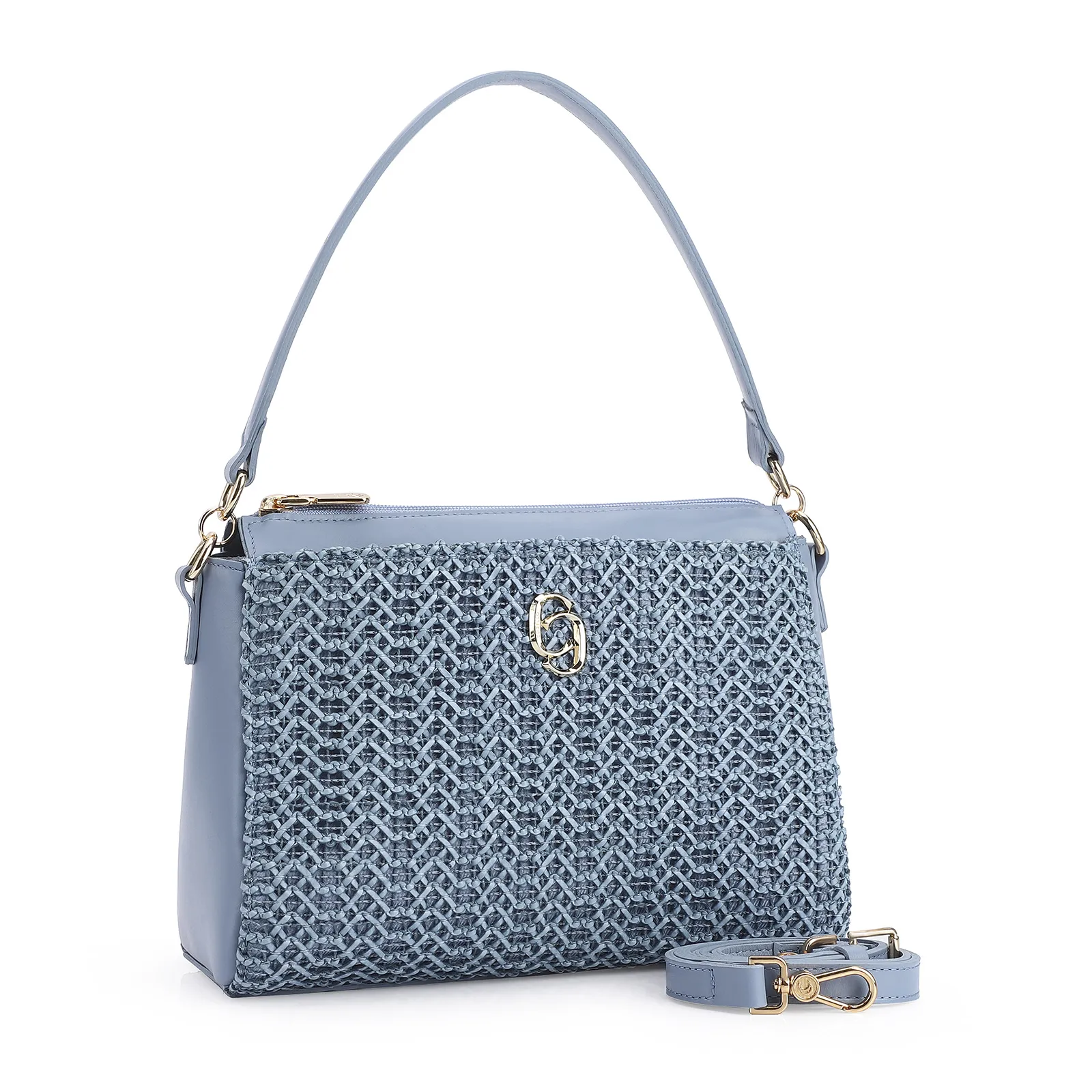 Bolsa De Ombro Crochet Couro Azul Claro