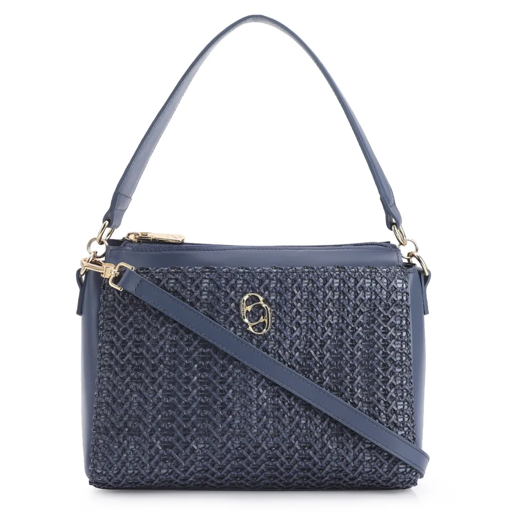 Bolsa De Ombro Crochet Couro Azul Escuro