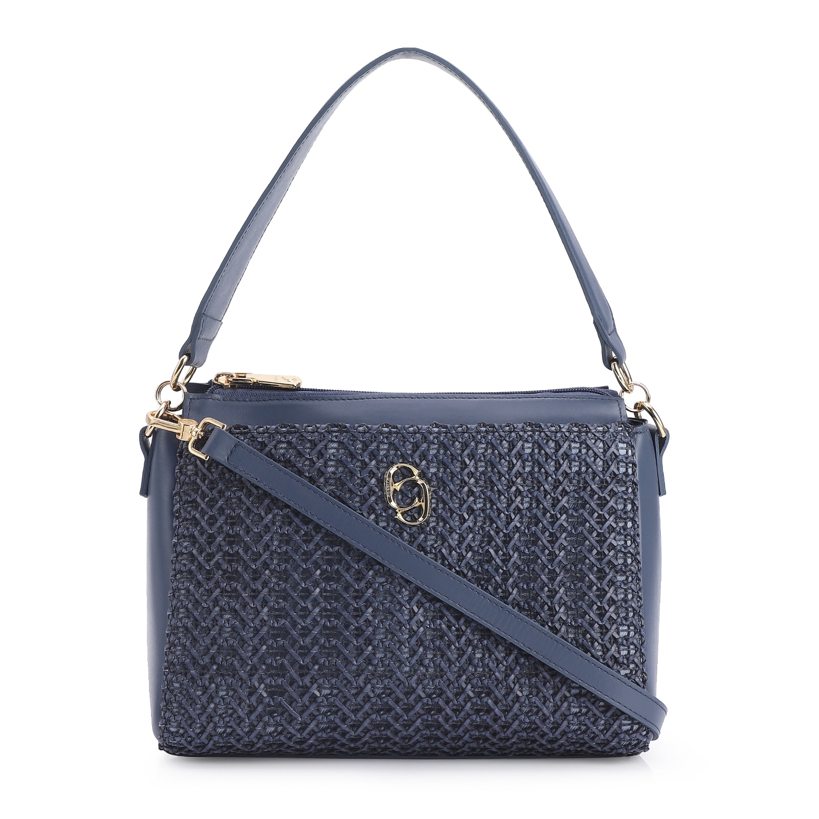 Bolsa De Ombro Crochet Couro Azul Escuro