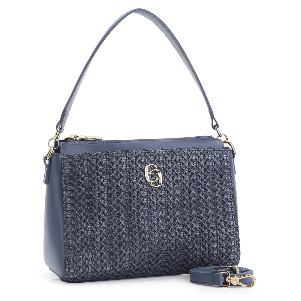 Bolsa De Ombro Crochet Couro Azul Escuro - imagem 2
