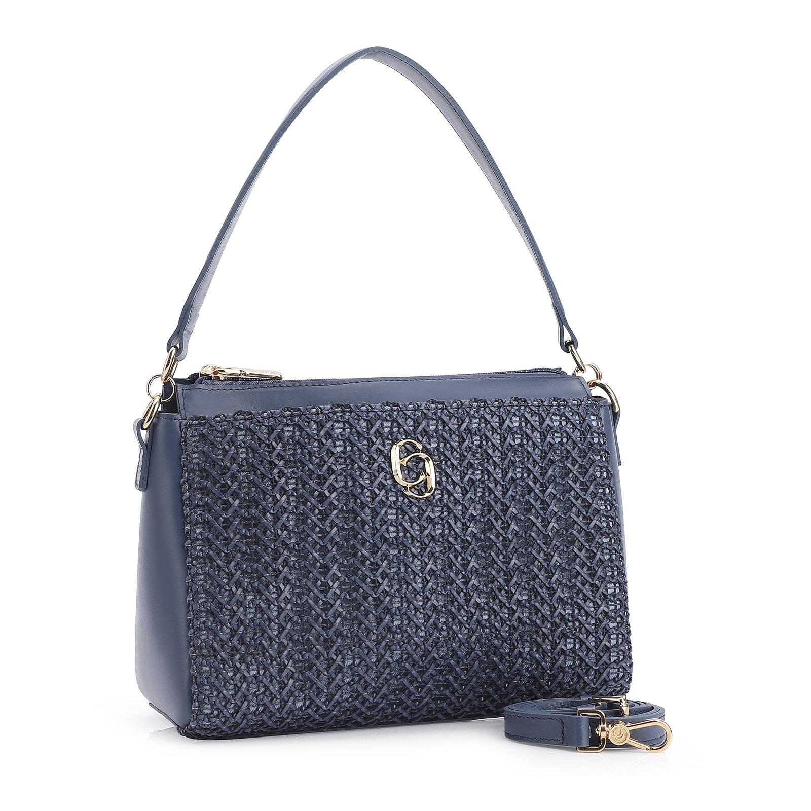 Bolsa De Ombro Crochet Couro Azul Escuro