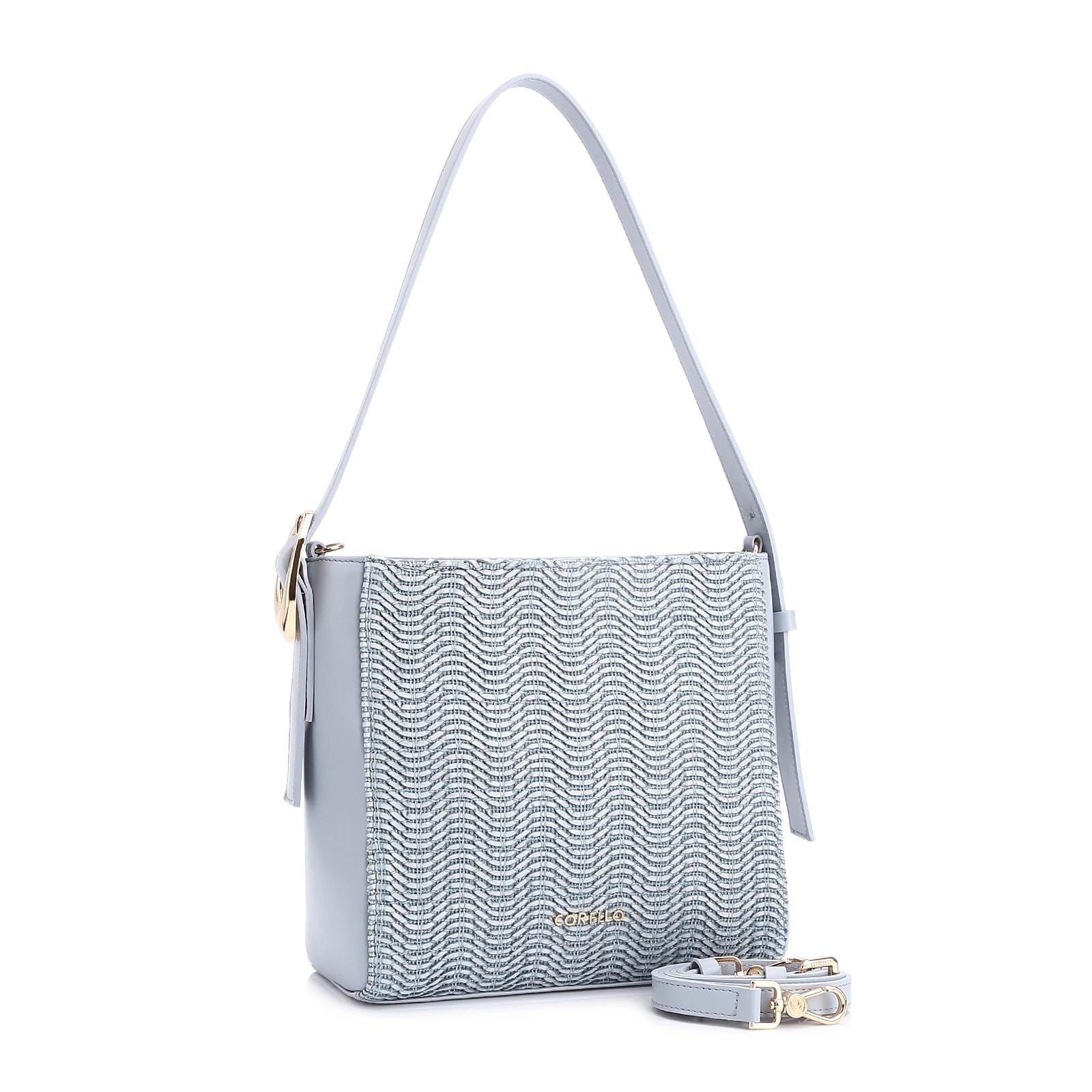 Bolsa De Ombro Fivela Couro Azul/Alt Tramado Azul