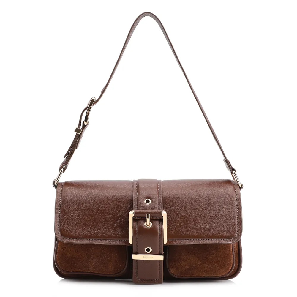 Bolsa De Ombro Fivela Couro Camurça Marrom/Couro Marrom