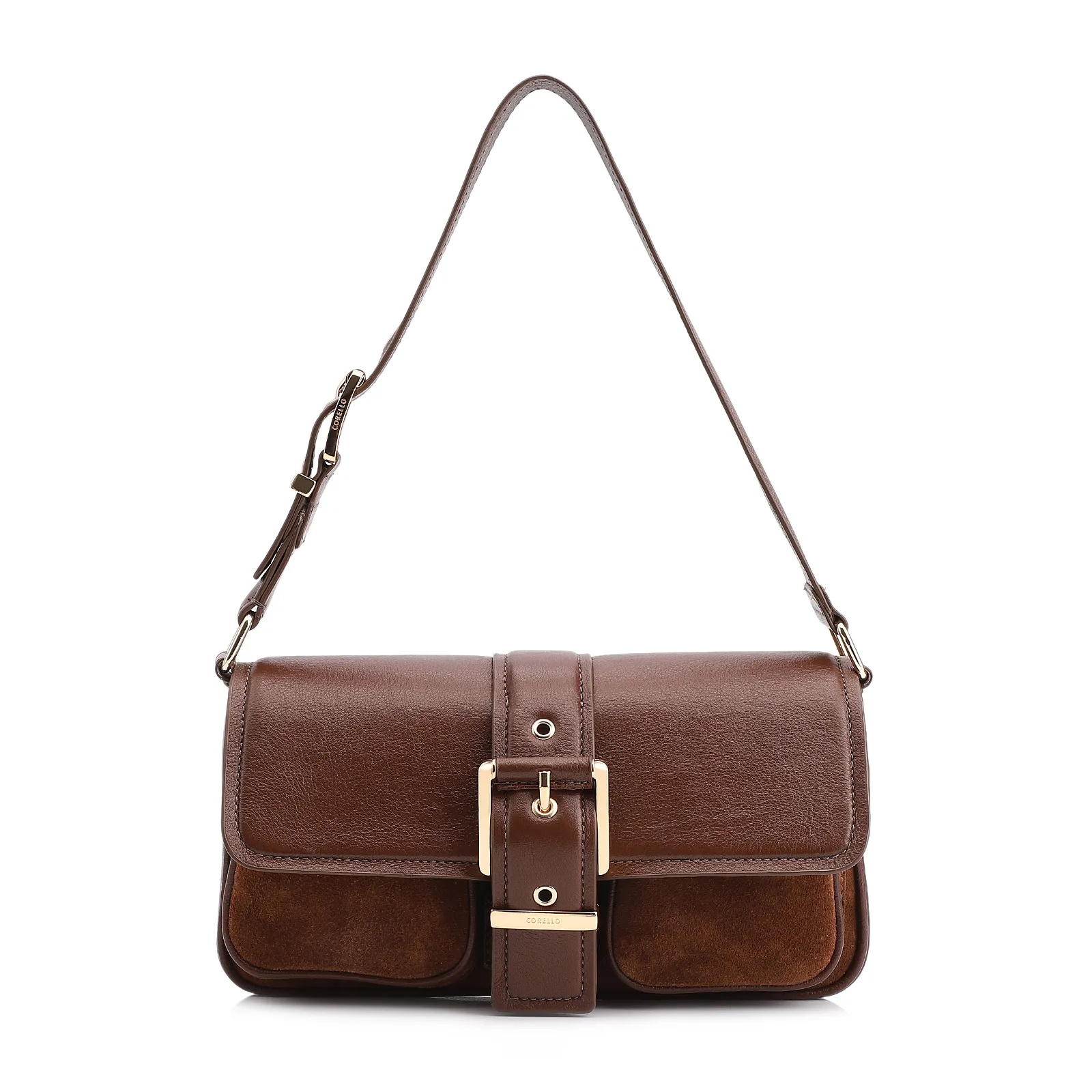 Bolsa De Ombro Fivela Couro Camurça Marrom/Couro Marrom