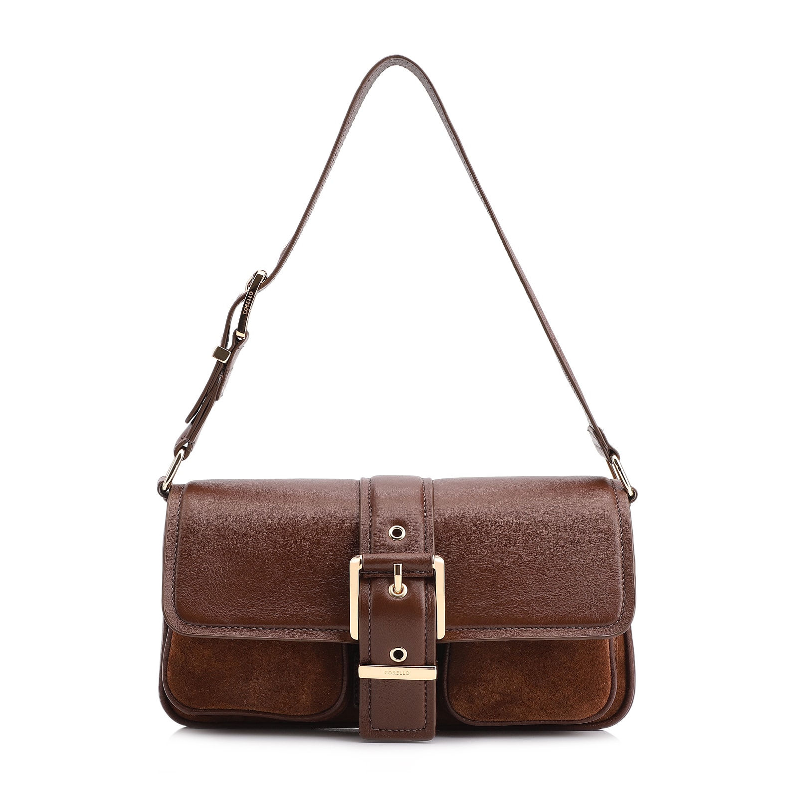 Bolsa De Ombro Fivela Couro Camurça Marrom/Couro Marrom