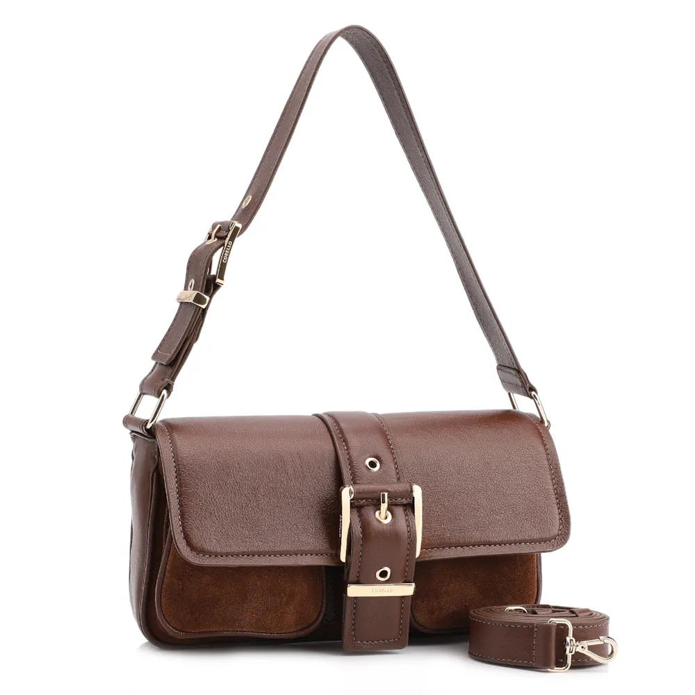 Bolsa De Ombro Fivela Couro Camurça Marrom/Couro Marrom - imagem 3