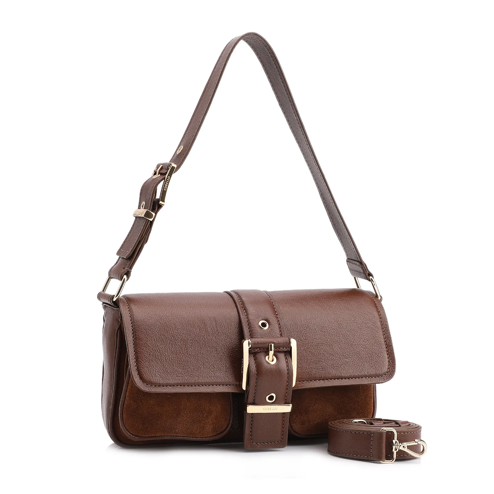 Bolsa De Ombro Fivela Couro Camurça Marrom/Couro Marrom