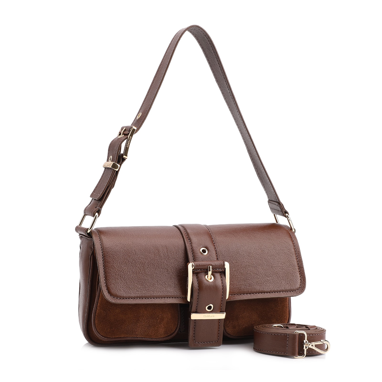 Bolsa De Ombro Fivela Couro Camurça Marrom/Couro Marrom