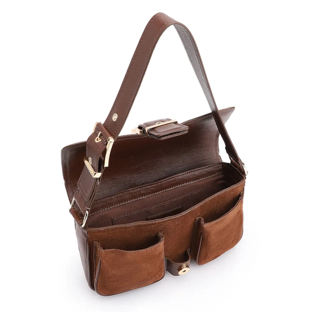 Bolsa De Ombro Fivela Couro Camurça Marrom/Couro Marrom - imagem 5