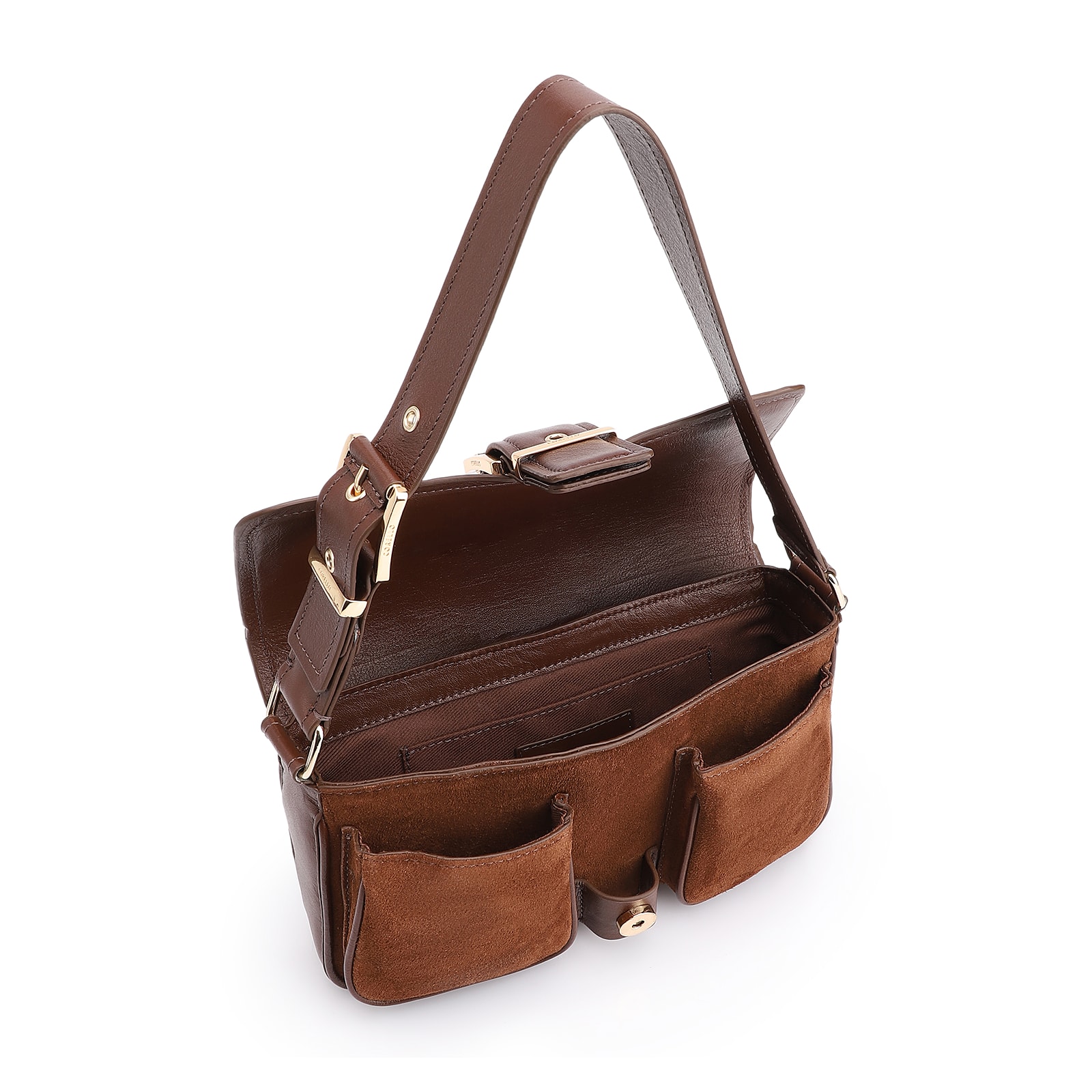 Bolsa De Ombro Fivela Couro Camurça Marrom/Couro Marrom