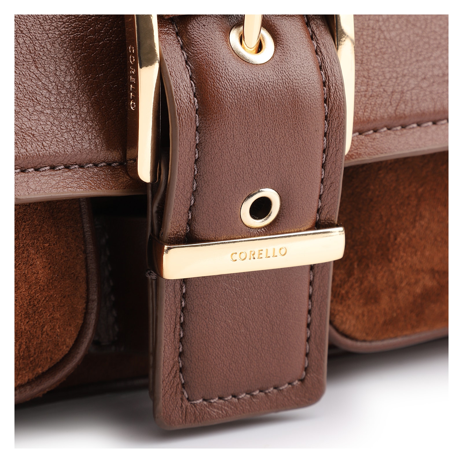 Bolsa De Ombro Fivela Couro Camurça Marrom/Couro Marrom