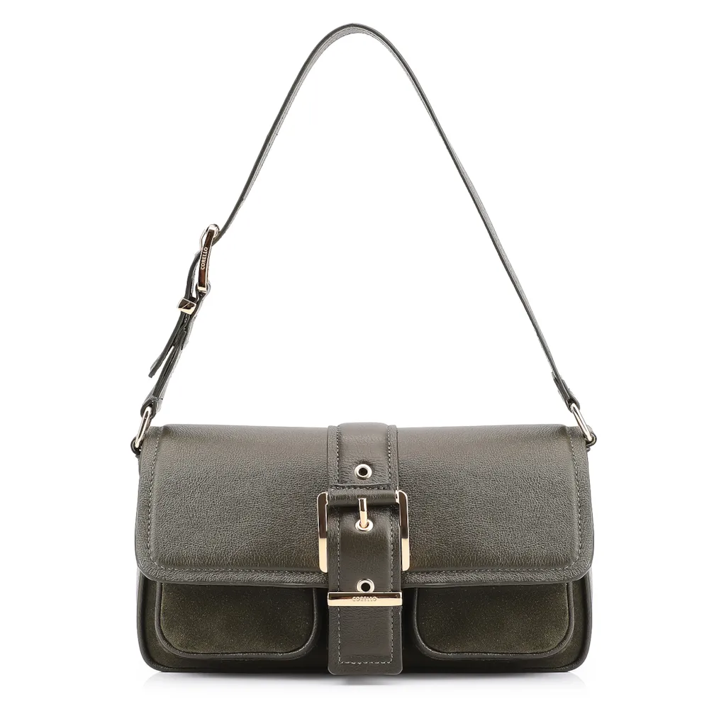 Bolsa De Ombro Fivela Couro Camurça Verde /Couro Verde