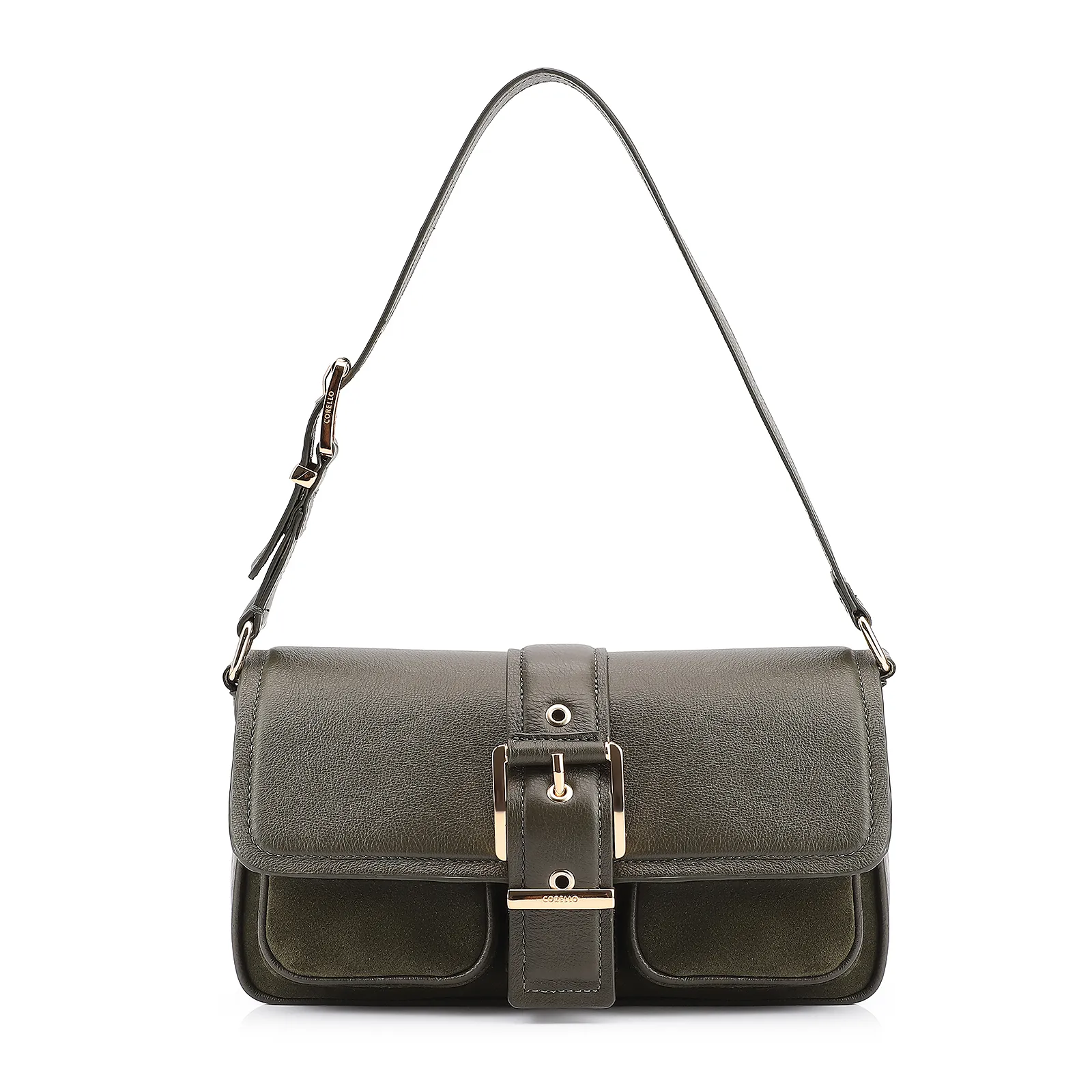 Bolsa De Ombro Fivela Couro Camurça Verde /Couro Verde