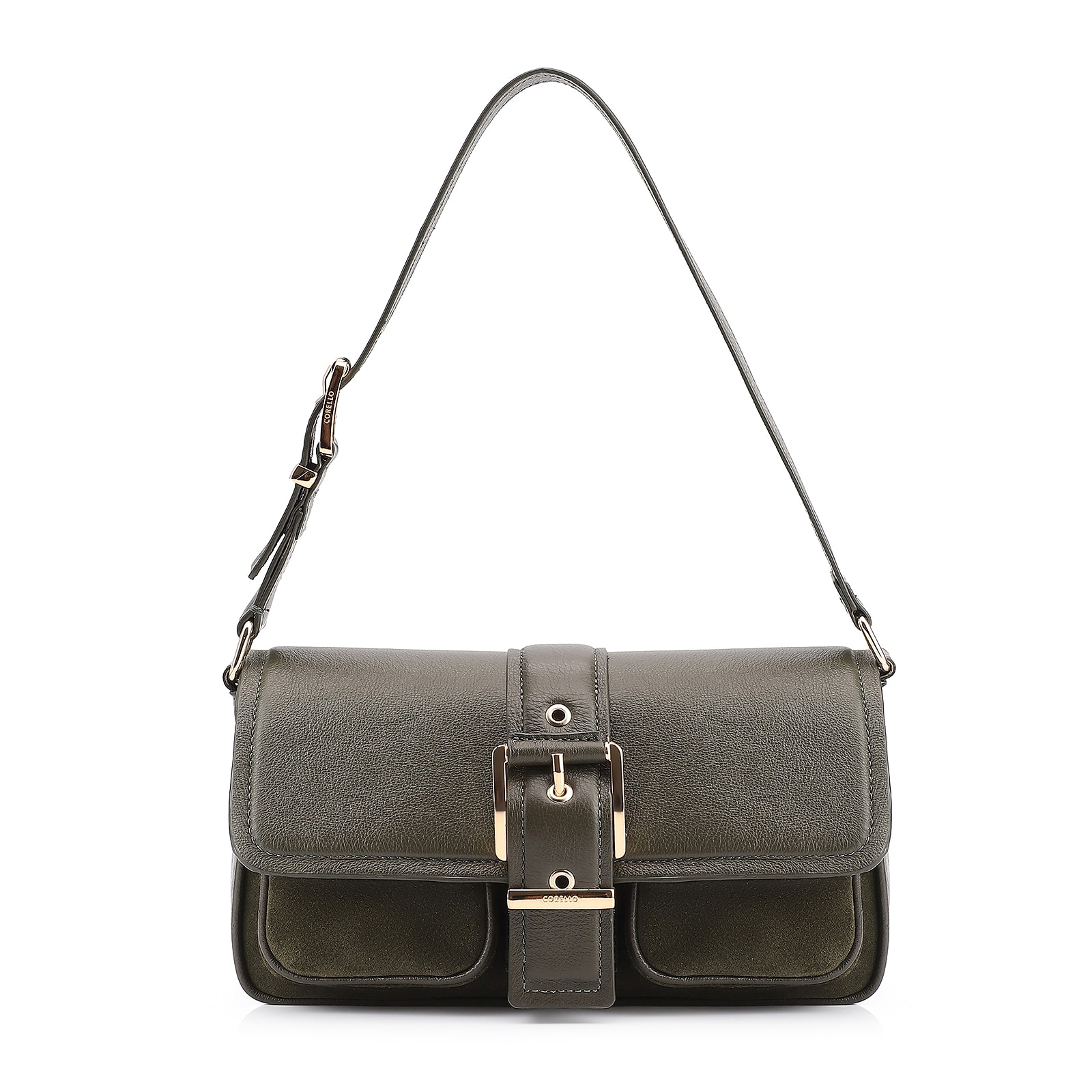 Bolsa De Ombro Fivela Couro Camurça Verde /Couro Verde