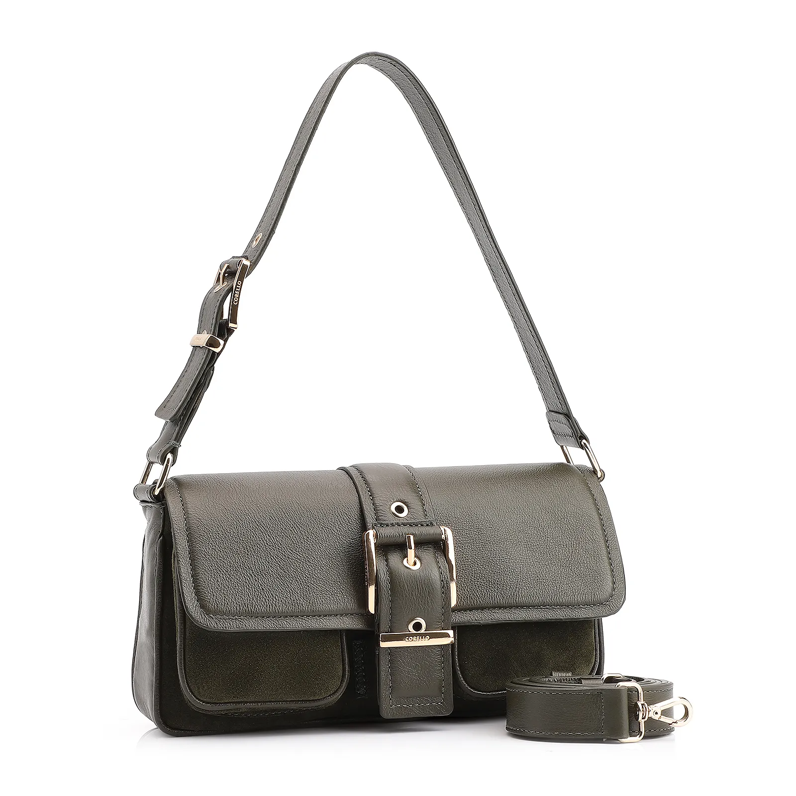 Bolsa De Ombro Fivela Couro Camurça Verde /Couro Verde