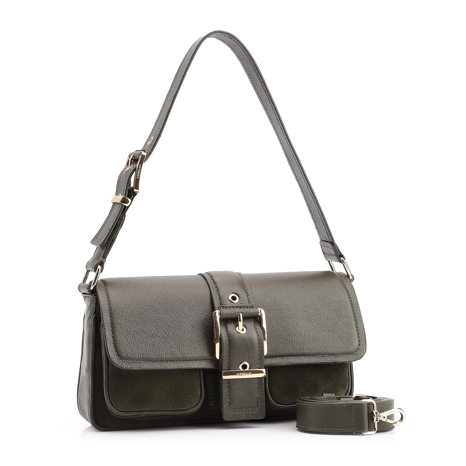 Bolsa De Ombro Fivela Couro Camurça Verde /Couro Verde