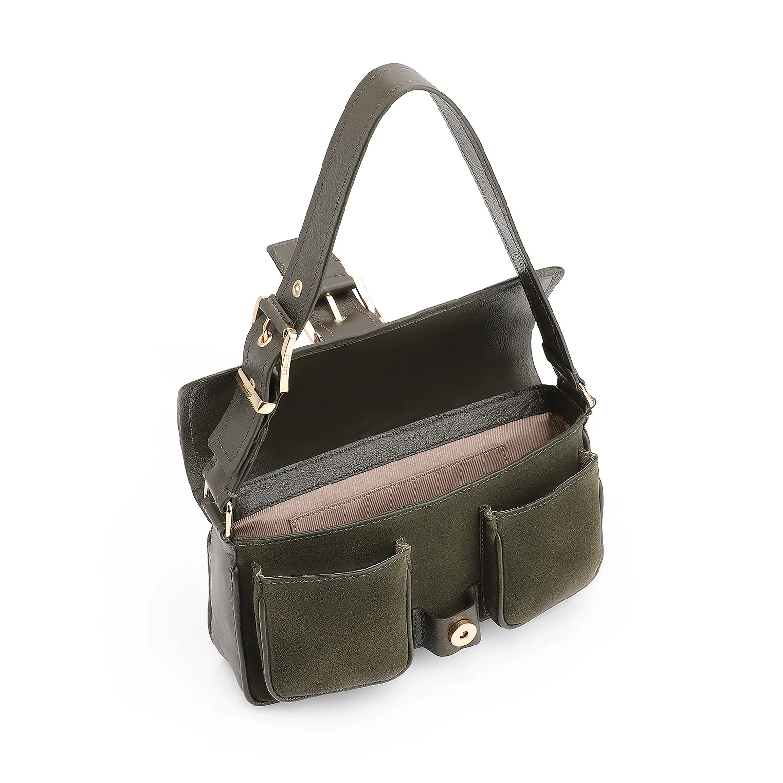 Bolsa De Ombro Fivela Couro Camurça Verde /Couro Verde