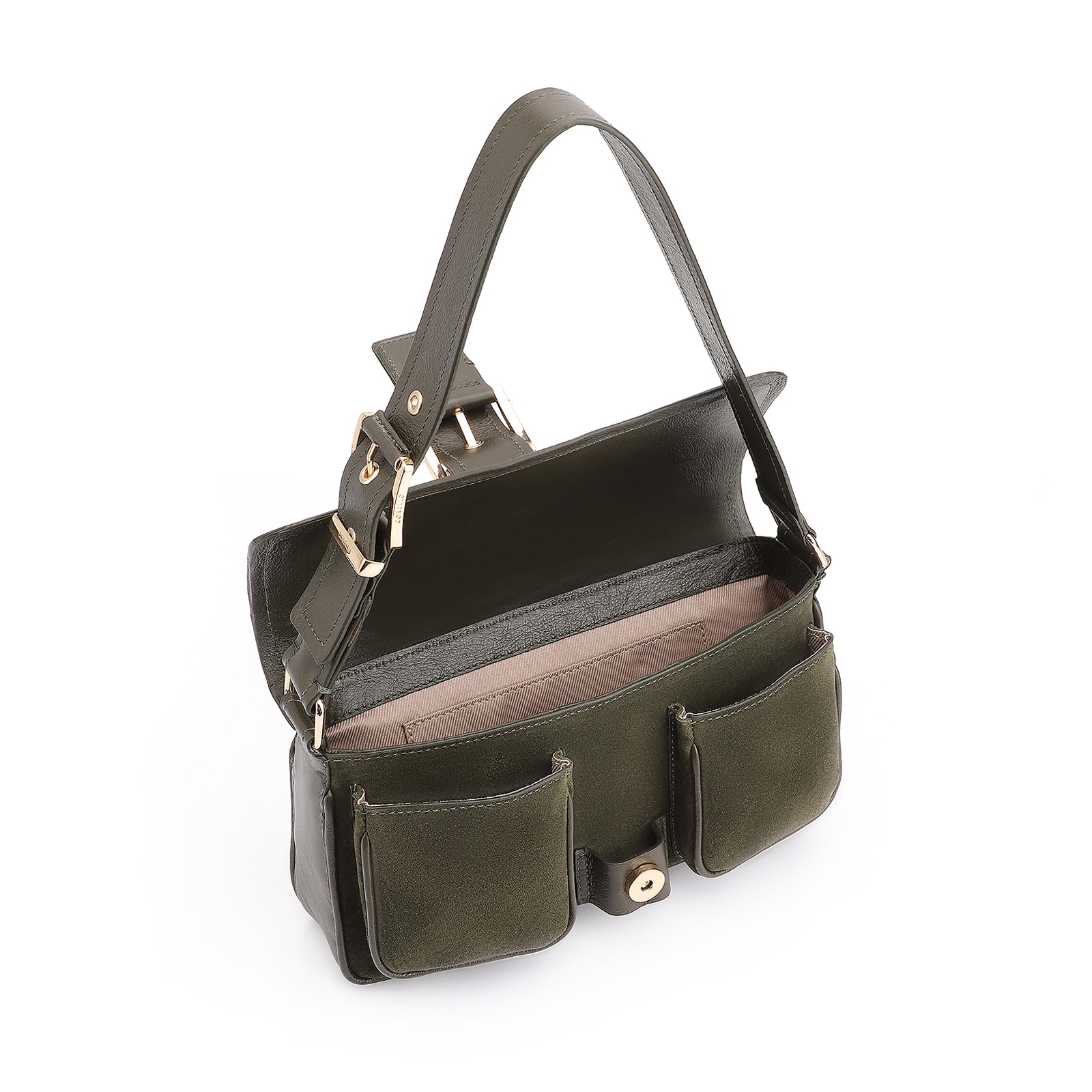 Bolsa De Ombro Fivela Couro Camurça Verde /Couro Verde