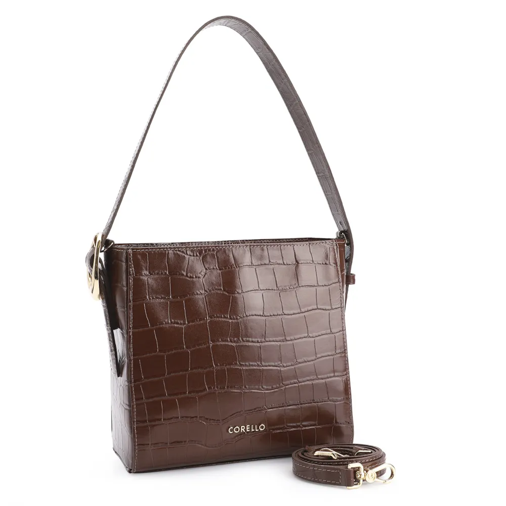 Bolsa De Ombro Fivela Couro Croco Marrom - imagem 3