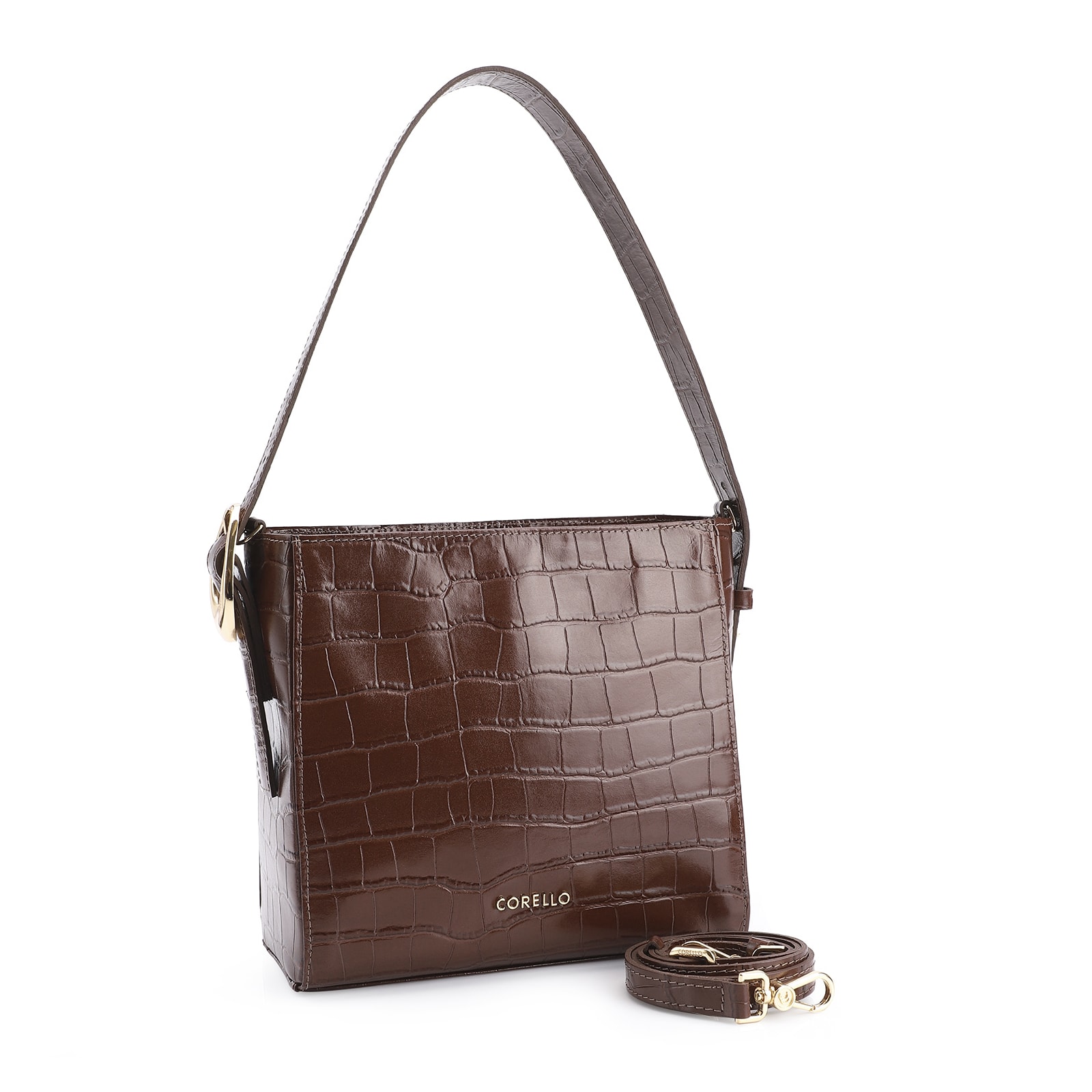 Bolsa De Ombro Fivela Couro Croco Marrom