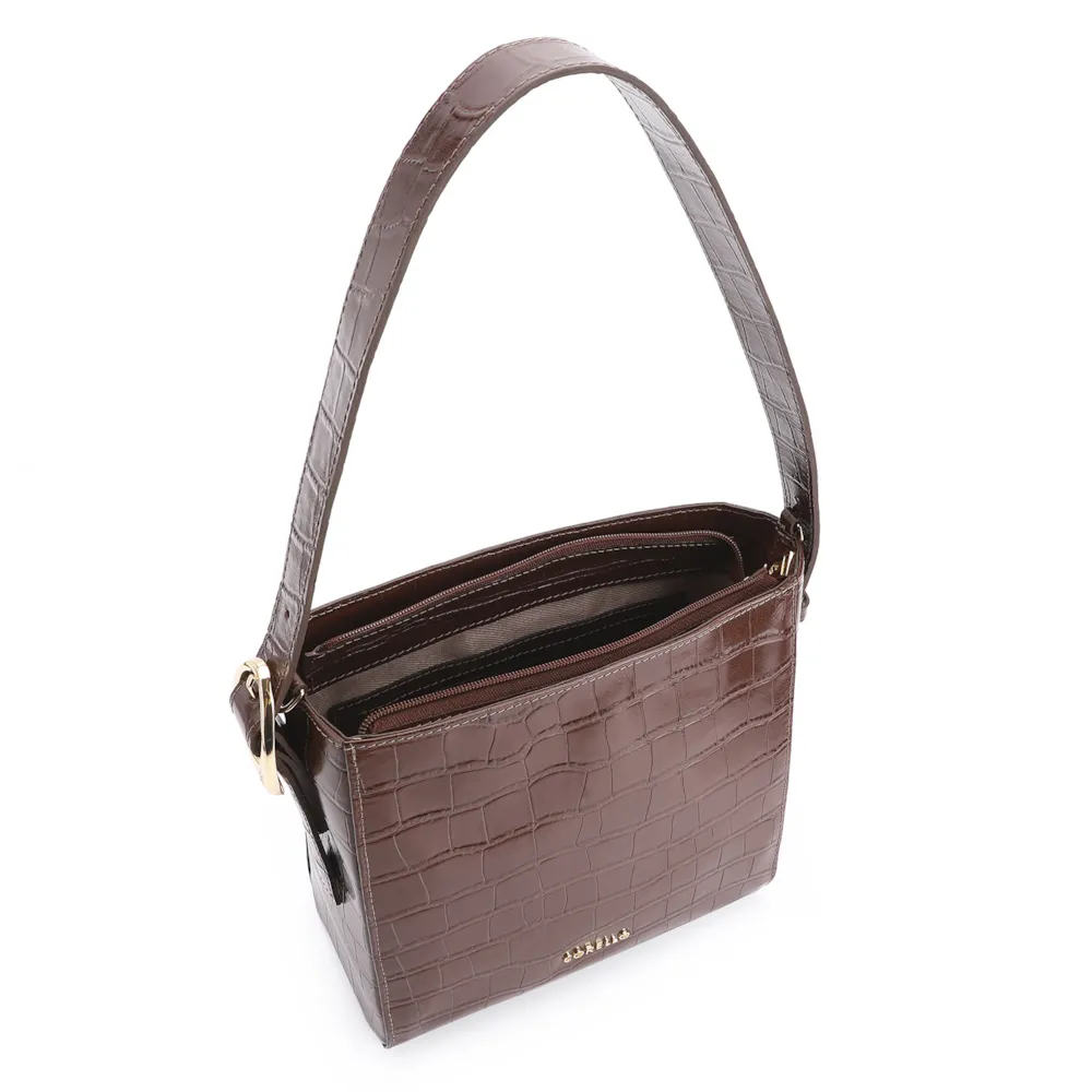 Bolsa De Ombro Fivela Couro Croco Marrom - imagem 5