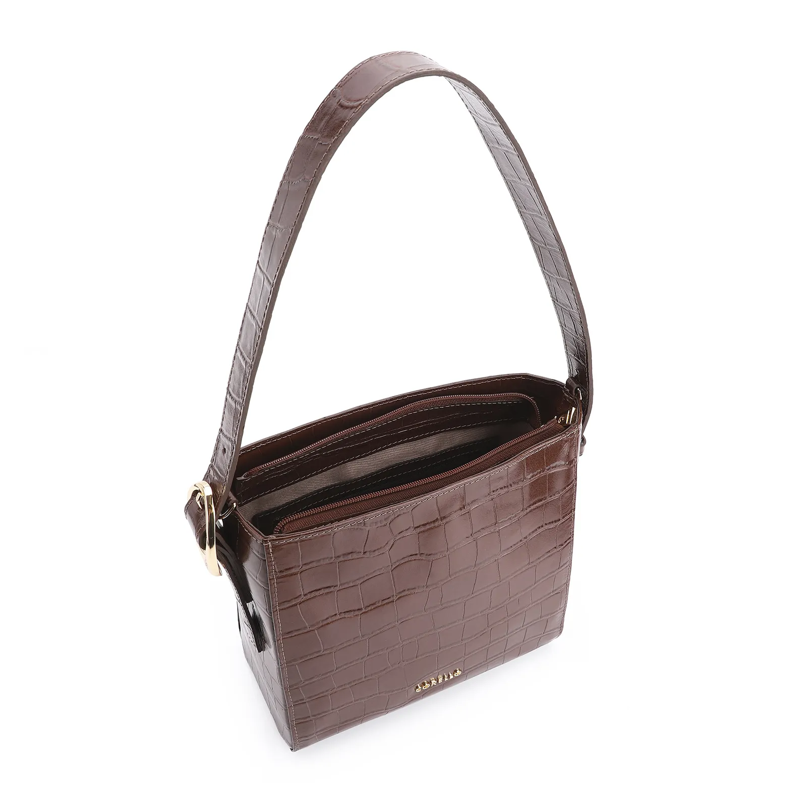 Bolsa De Ombro Fivela Couro Croco Marrom