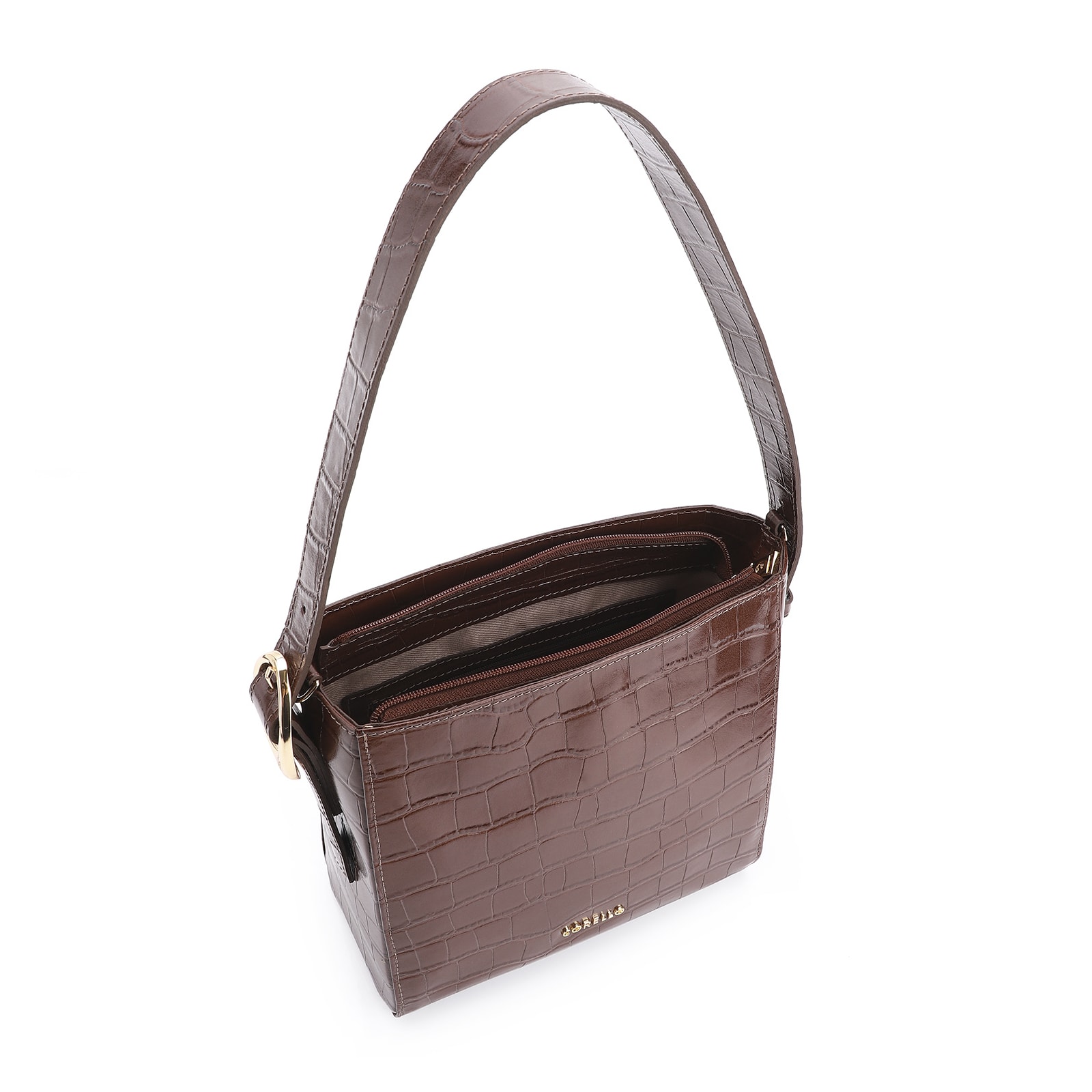 Bolsa De Ombro Fivela Couro Croco Marrom